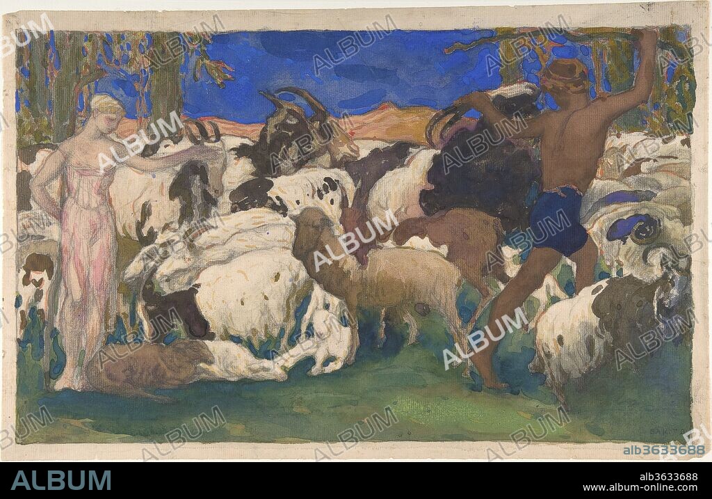 LEON BAKST. Landscape with Shepherds, Set Design for the Ballet 'Daphnis and Chloé', performed at the Théâtre du Châtelet in Paris, 1912. Artist: Léon Bakst (Russian, Grodno 1866-1924 Paris). Dimensions: 13 1/8 x 19 3/4 in.  (33.3 x 50.2 cm). Date: [1911].