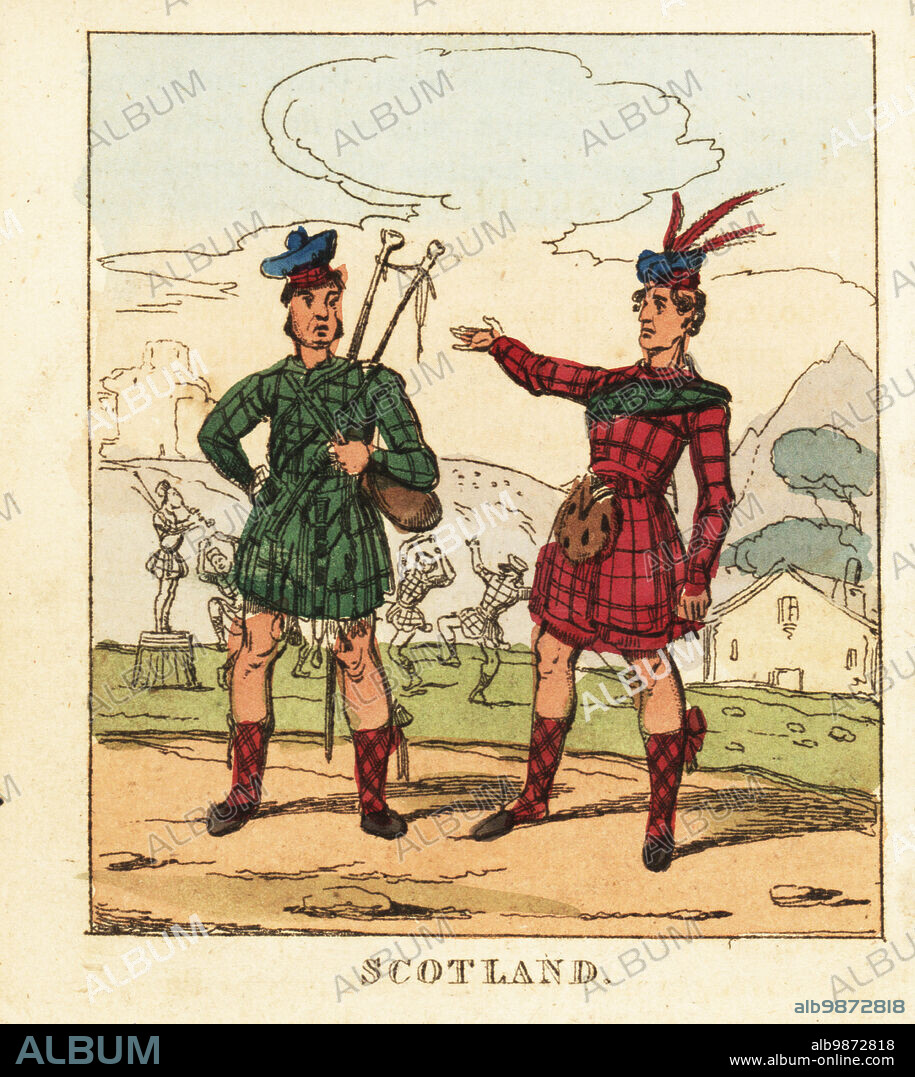 Costumes of Scottish highlanders, 19th century. A piper in tartan jacket and kilt with bagpipes. Another man in plumed hat, tartan kilt and sporran. Men dancing a highland fling in the background. Scotland. Handcoloured copperplate engraving from The World in Miniature, or Panorama of the Costumes, Manners & Customs of All Nations, John Bysh, London, 1825.