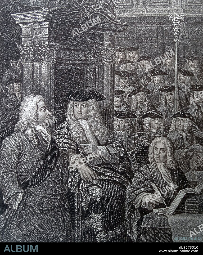 Engraving after the British artist & engraver, William Hogarth 16971764: The House of Commons in Sir Robert Walpole's Administration. Engraved by A. Fogg 1803. Among those portrayed in the center the presiding Rt. Hon. Arthur Onslow himself. At his side Robert Walpole, in the rows in the middle distance further Sydney Godolphin, Sir Joseph Jekyll, Colonel Onslow, Sir James Thornhill.