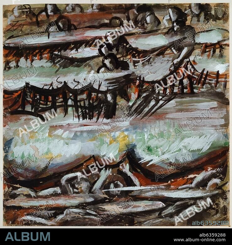 OTTO DIX. Dix, Otto, 1891-1969, German artist. "Überfluteter Drahtverhau" (Flooded barbed wire barrier), 1946/63. Gouache. Staatliches Kupferstichkabinett, Dresden, Germany.