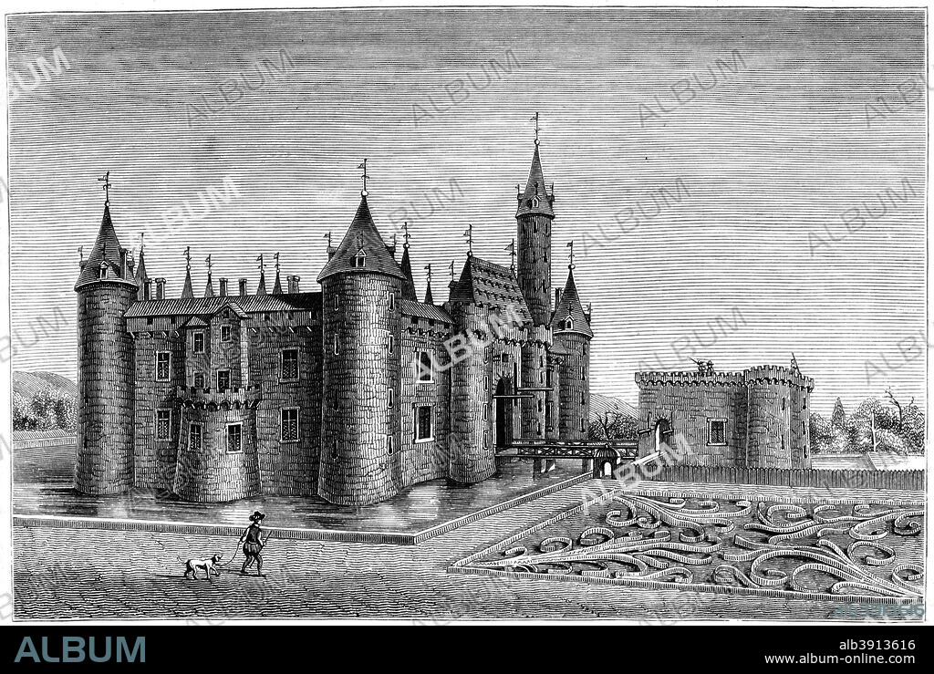 Chateau de Marcoussis, Paris, France, 17th century (1846). A 19th century version based on an original 17th century manuscript illustration held by the Cabinet des Estampes, Bibliothèque Nationale, Paris. From Le Moyen Age et la Renaissance, by Paul Lacroix, Ferdinand Séré and A Rivaud, Volume III (Paris, 1849).