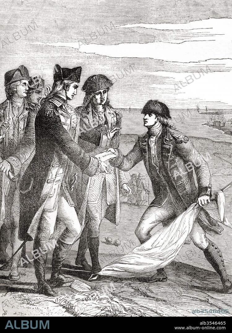 General George Washington accepting the flag of truce after the British surrender by Charles Cornwallis following the Siege of Yorktown, aka Battle of Yorktown, the Surrender at Yorktown or the German Battle, Virginia, United States of America, October 17, 1781, last major land battle of the American Revolutionary War. George Washington, 1732 -1799. First President of the United States of America, Commander-in-Chief of the Continental Army during the American Revolutionary War, and one of the Founding Fathers of the United States. Charles Cornwallis, 1st Marquess Cornwallis, 1738 – 1805, aka Viscount Brome and The Earl Cornwallis. British Army officer and colonial administrator. From Cassell's Illustrated History of England, published 1861.