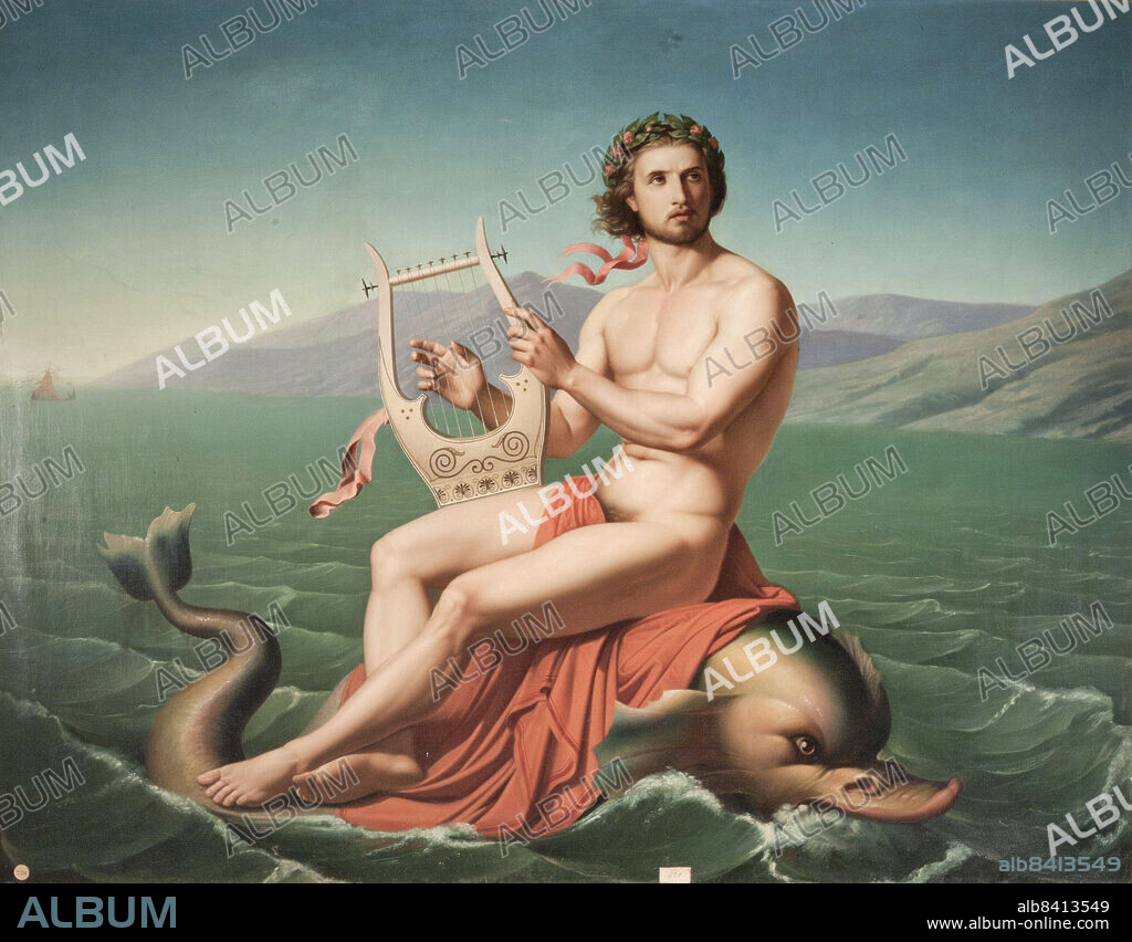 GERMÁN HERNÁNDEZ AMORES. Germán Hernández Amores/ Arión cabalgando un delfín, siglo XIX.  Óleo sobre lienzo. 175 x 220 cm.