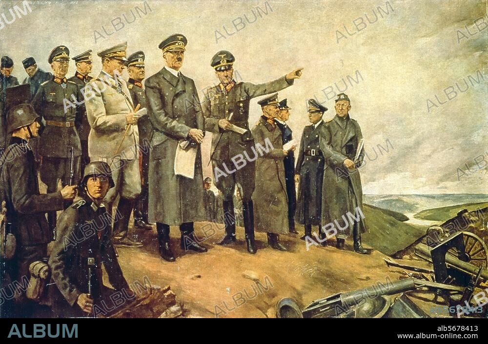 Hitler, Adolf Dictator (NSDAP). 1889-1945. "Der Fuehrer im Kampfgelaende" (The Fuehrer in the battle area"). (Beside Hitler: Goering and Field Marshal General von Brauchitsch, explaining the situation.). Painting, 1941, by Conrad Hommel (1883-1971).