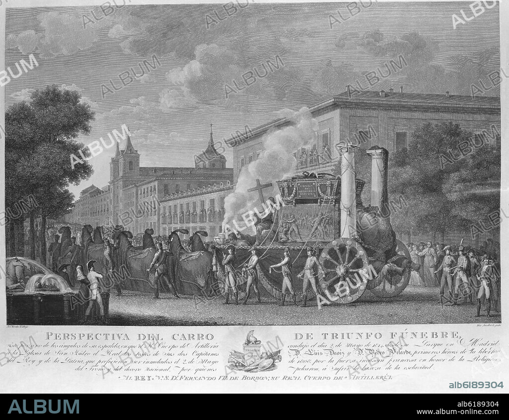 JOSEF RIVELLES (1778-1835). PERSPECTIVA DEL CARRO DE TRIUNFO FUNEBRE CON LOS CUERPOS DE DAOIZ Y VELARDE - GRABADO SIGLO XIX.