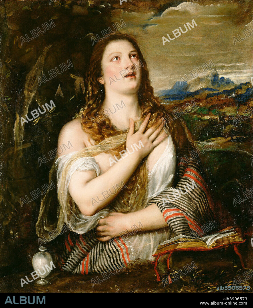 TITIAN. The Penitent Magdalene. Date/Period: 1555 - 1565. Painting. Oil on canvas. Height: 1,067 mm (42 in); Width: 930 mm (36.61 in).