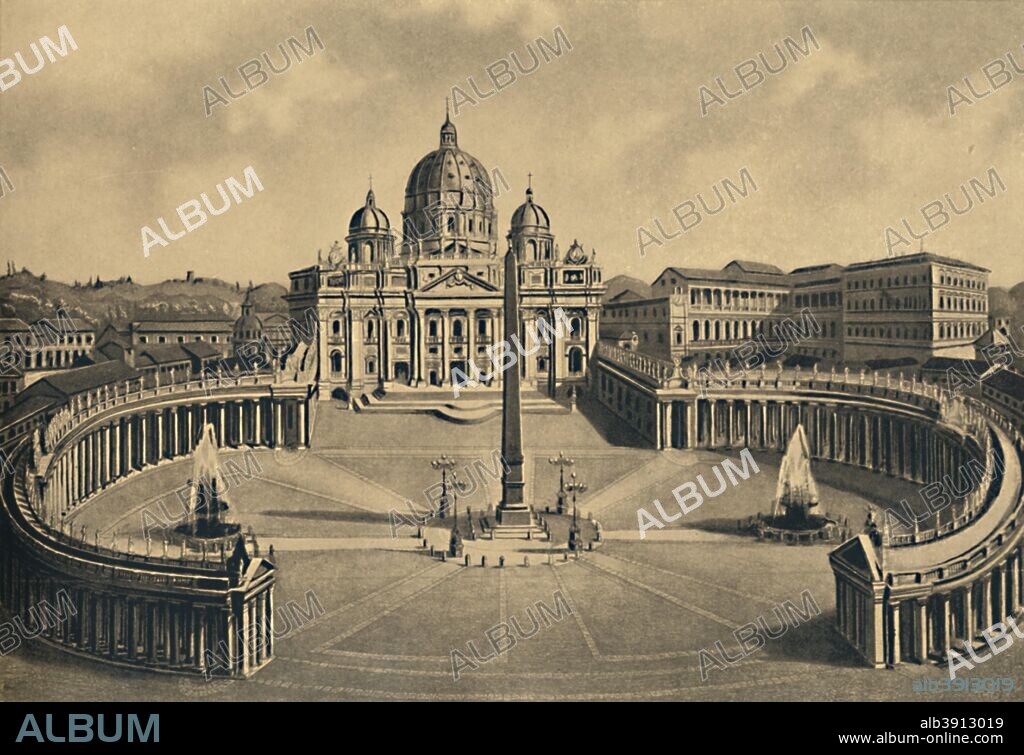 'Roma - Basilica and Square of S. Peter. Vatican Palace', 1910. St. Peter's Square is a large plaza located directly in front of St. Peter's Basilica in the Vatican City, the papal enclave inside Rome. From Cento Vedute Classiche di Roma. [Enrico Verdesi, Rome, 1910].