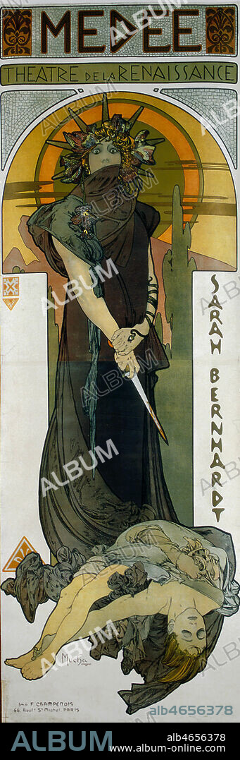 Affiche pour la piece de theatre MEDEE jouee par Sarah BERNHARDT (1844-1923) au theatre de la Renaissance. Illustration d'Alphonse MUCHA (1860-1939) en 1898. lithographie, 204,5x73cm. Credit : Coll. Perrin/KHARBINE-TAPABOR.