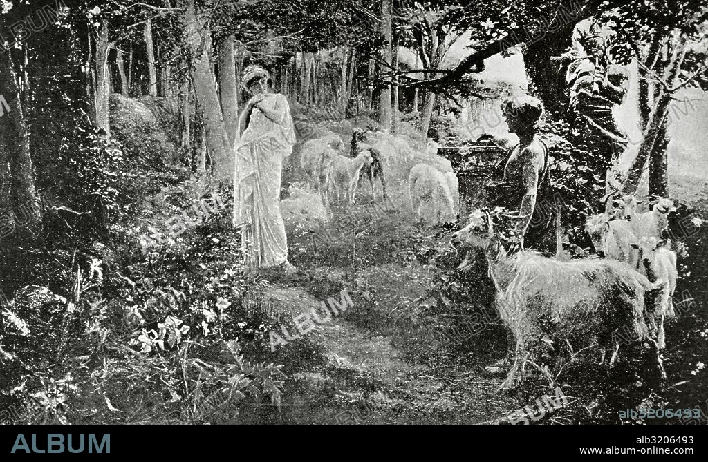 LITERATURA GRIEGA. Siglo III. LONGO (Lóggos). Escritor novelista griego. Idilio griego de "DAFNIS Y CLOE". Grabado. La Ilustración, año 1899.