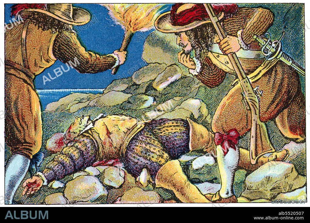 ALBERT MESTRE MORAGAS. Historia de Catalunya. Muerte en las playas de Barcelona de Dalmau de Queralt Codina (s.XVI-1640), conde de Santa Coloma y virrey de Catalunya durante el reinado de Felipe IV. Cromo de Xacolata Juncosa. Año 1932.