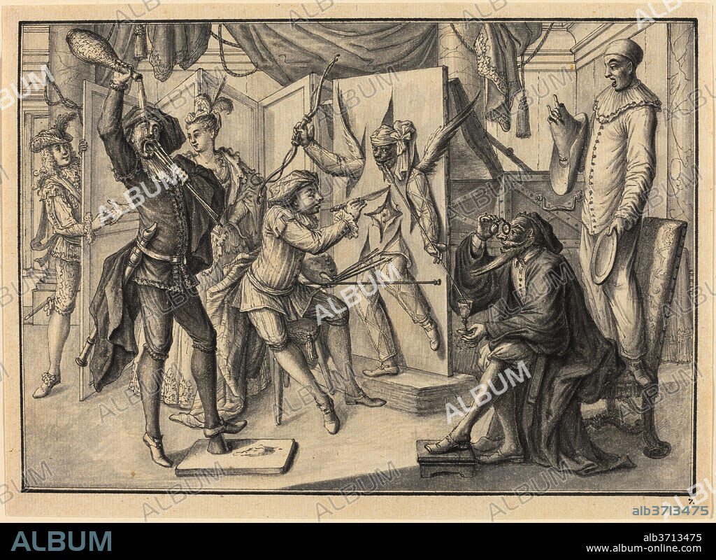 JOHANN JACOB SCHÜBLER. Mezzetin "Paints" a Portrait of Cupid by Cutting the Canvas to Reveal Harlequin. Dated: c. 1729. Dimensions: overall: 13.4 x 18.5 cm (5 1/4 x 7 5/16 in.). Medium: pen and black ink and gray wash on laid paper; scored for transfer.