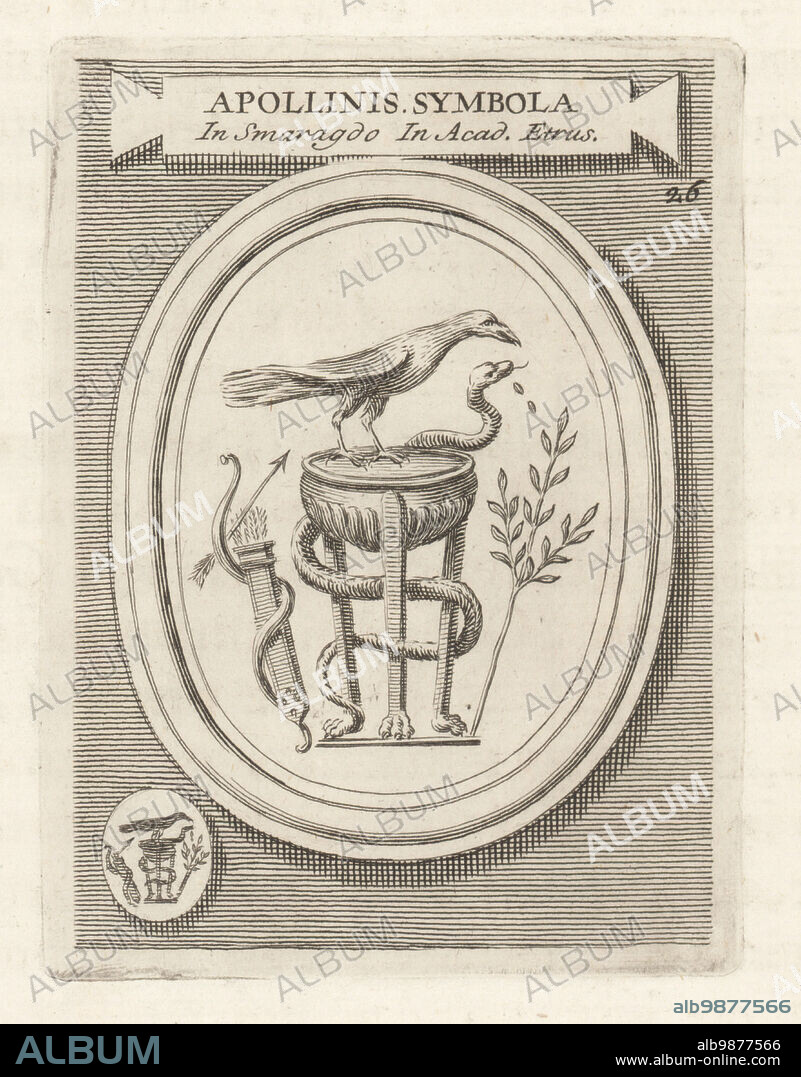 Symbols of the Greek god Apollo: Tripod, serpent, raven, bow, quiver and laurel. Apulu, chthonic sky god, to the Etruscans. From an engraved emerald gem. Apollinis Symbola in Smaragdo in Acad. Etrus. Copperplate engraving from Francesco Valesio, Antonio Gori and Ridolfino Venutis Academia Etrusca, Museum Cortonense in quo Vetera Monumenta, (Etruscan Academy or Museum of Cortona), Faustus Amideus, Rome, 1750.