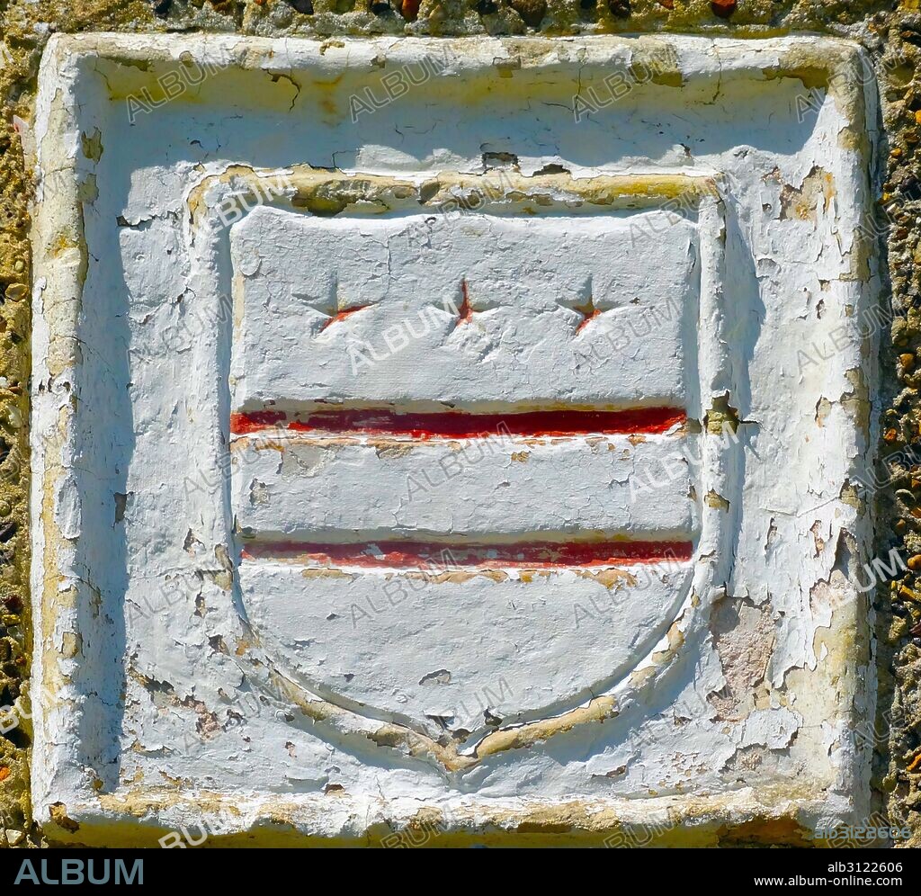 Washington family coat of arms with symbols later adopted in the American flag, at Sulgrave Manor, England, ancestral home of George Washington. 2015.
