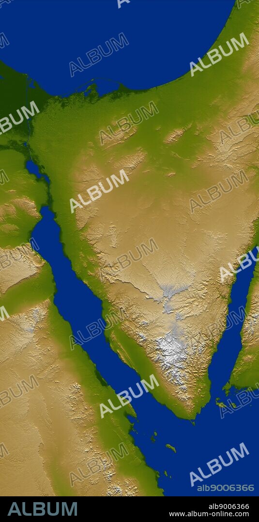 The Sinai Peninsula, located between Africa and Asia, is a result of those two continents pulling apart from each other. Earth's crust is cracking, stretching, and lowering along the two northern branches of the Red Sea, namely the Gulf of Suez, seen here on the west (left), and the Gulf of Aqaba, seen to the east (right). This color-coded shaded relief image shows the triangular nature of the peninsula, with the coast of the Mediterranean Sea forming the northern side of the triangle. The Suez Canal can be seen as the narrow vertical blue line in the upper left connecting the Red Sea to the Mediterranean.