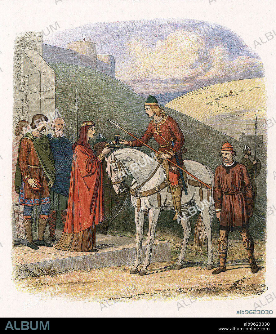 Edward the Martyr, 10th century English king, c1860. Edward (Eadward), king from 975, being offered a poisoned drink by his stepmother Aelfthryth at her home at Corfe Castle, Dorset. Edward was stabbed in the back and murdered whilst drinking the cup of poisoned mead. Aelfthryth desired her son, Ethelred, to become king. Considered a good Christian, Edward was canonised St Edward the Martyr in 1001.