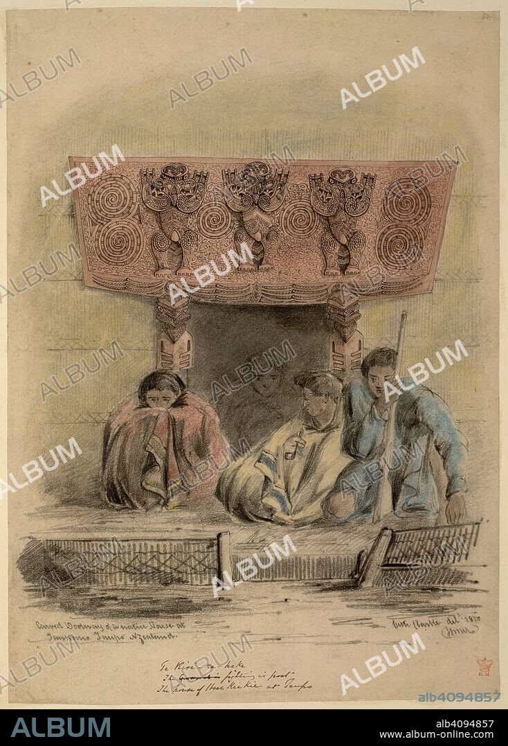 CUTHBERT C. CLARKE. Carved doorway, New Zealand. Drawings and sketches in New Zealand. New Zealand; 1850. [Drawing no.64] Carved doorway of the House of Here Kie Kic, Taupo; with three seated Maoris, one with a pipe, and another holding a gun  Image taken from Drawings and sketches in New Zealand.  Originally published/produced in New Zealand; 1850. . Source: Add. 19954, f.54. Language: English.