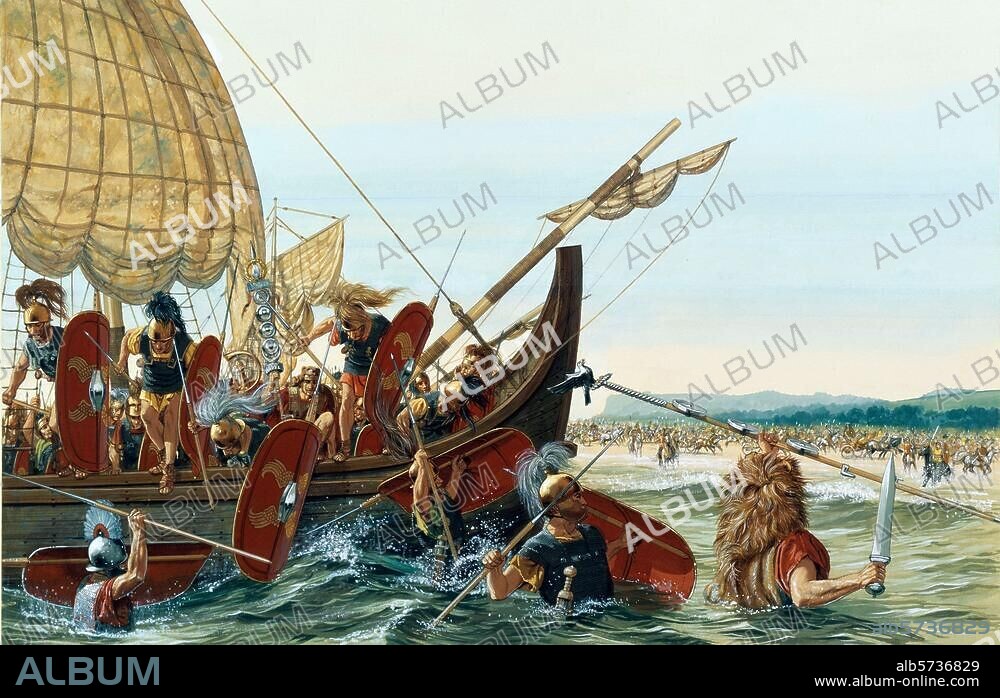 Gallic War 85-51 B.C. Caesar's expedition to Britain, 55 and 54 B.C. Caesars 10th legion lands in Britain. Watercolour by Peter Connolly (1935-2012). From the series: Greece and Rome at War.