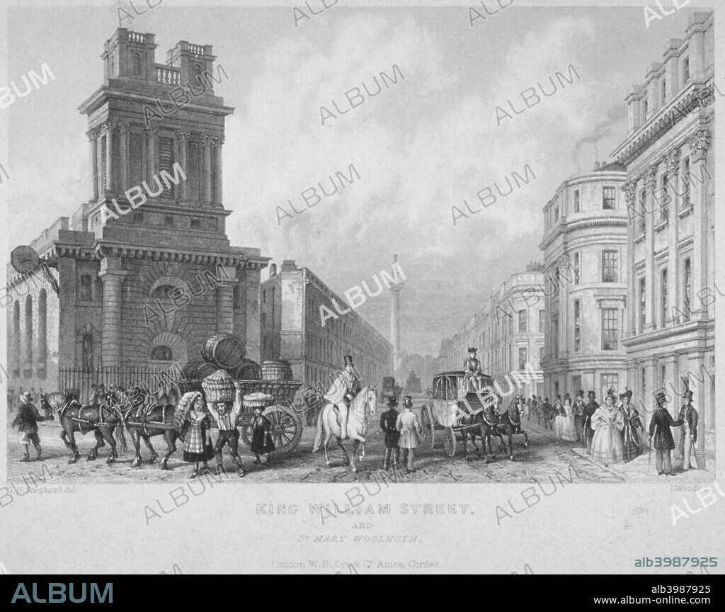 Church of St Mary Woolnoth, City of London, 1840. View of St Mary Woolnoth's west end and King William Street on the right, with the Monument in the distance. Also with figures, including a man on horseback, three people carrying baskets, and horses, a coach and a carriage.
