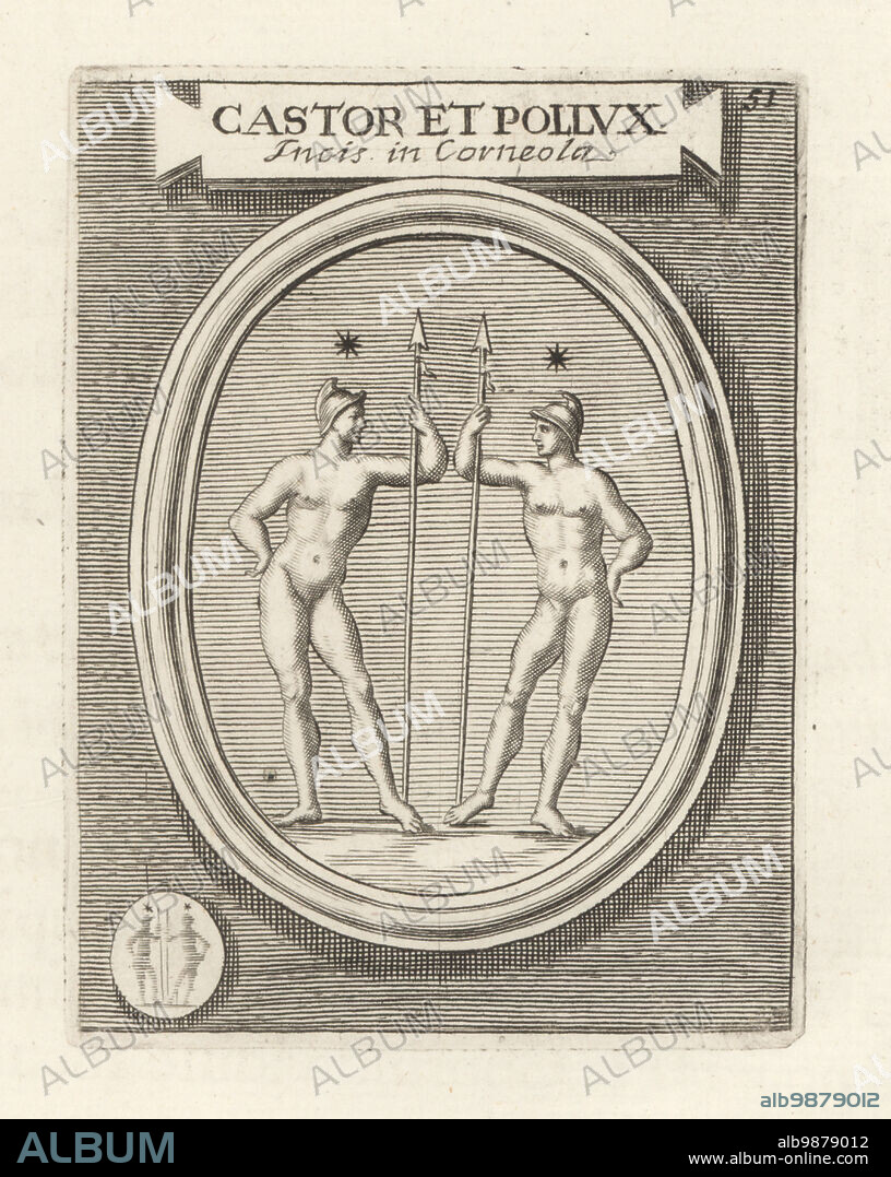 Castor and Pollux (Castur and Pultuce in Etruscan), twin sons of Leda, the Gemini or Dioscuri. Two naked youths in helmets holding spears. From an engraved cornelian gem. Castor et Pollux Incis in Corneola. Copperplate engraving from Francesco Valesio, Antonio Gori and Ridolfino Venutis Academia Etrusca, Museum Cortonense in quo Vetera Monumenta, (Etruscan Academy or Museum of Cortona), Faustus Amideus, Rome, 1750.