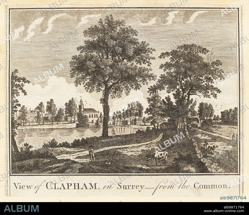 View of Clapham in Surrey from Clapham Common, London, 1784. Showing the Long Pond, Holy Trinity Church in the village, cattle grazing on the common, trees and hedges. Copperplate engraving by Henry Roberts from William Thorntons New History and Survey of London, published by Alexander Hogg at the Kings Arms, 16 Paternoster Row, London, 1784.