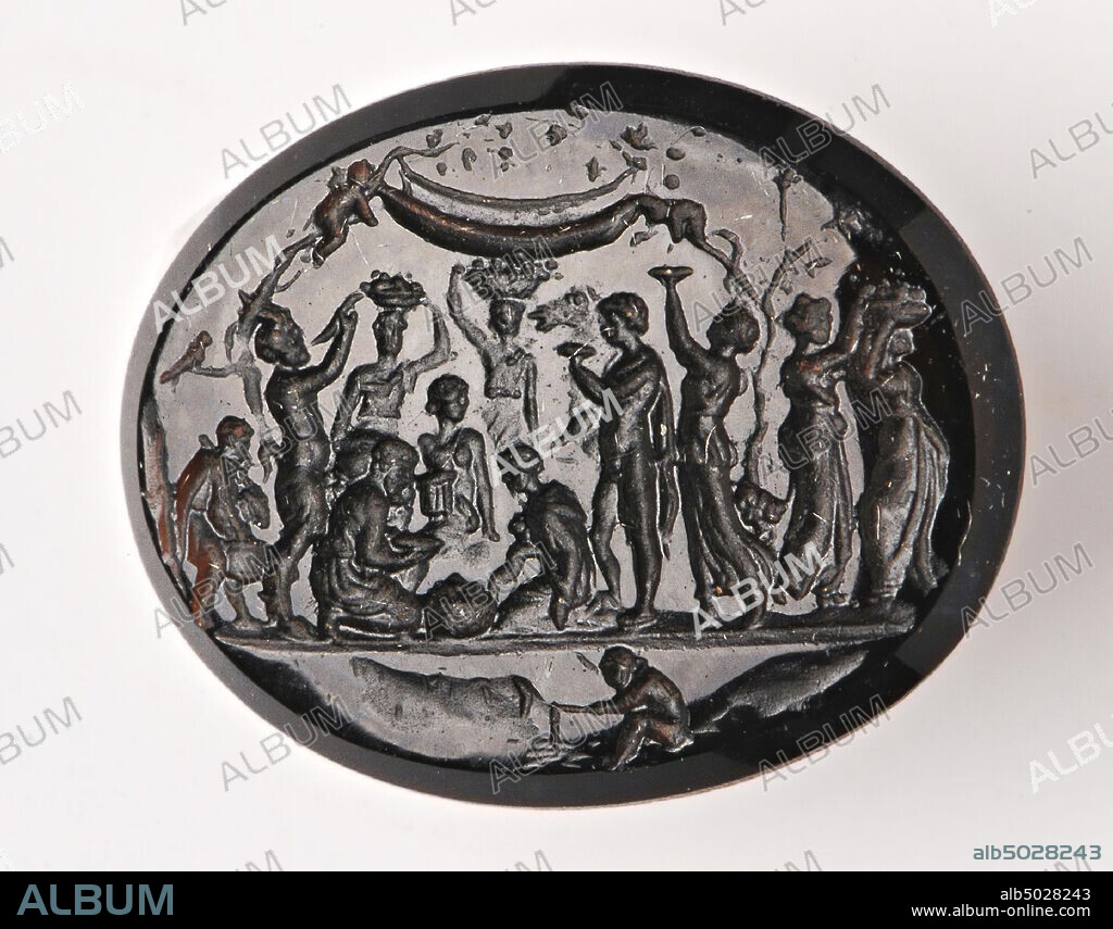 Vz: group of satyrs and maenads carrying food and drink, in middle group, in background girls with baskets on their heads, in air 2 cupids with drapery, in bottom register a fishing figure between two rocks (?) , gem, intaglio, unknown, Color: purple tuft, Form: oval, Processing: edge at the back slightly cut backwards compared to front, front slightly convex, 16 x 13 x 3 mm,?.