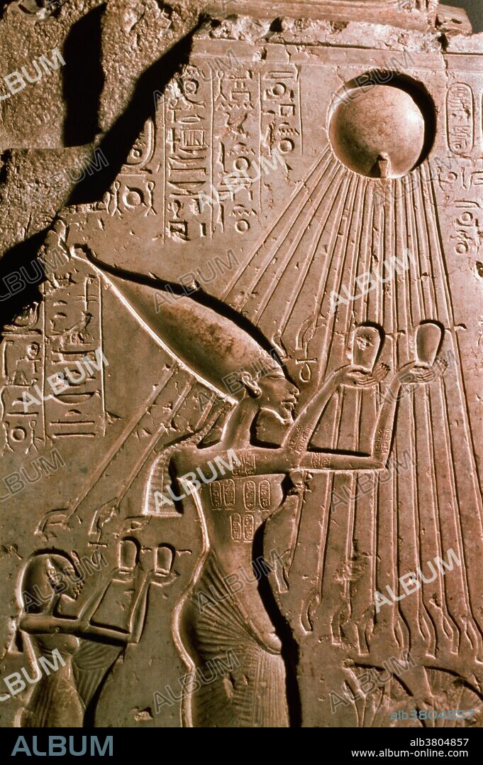 A depiction of the pharaoh Akhenaton with the sun god Aten or Aton in the Egyptian Museum, Cairo, Egypt. Akhenaton reigned c. 1364-1347 BCE. Akhenaten, known before the fifth year of his reign as Amenhotep IV, was a pharaoh of the Eighteenth dynasty of Egypt who ruled for 17 years and died in 1336 BC or 1334 BC. He is especially noted for abandoning traditional Egyptian polytheism and introducing worship centered on the Aten, which is sometimes described as monotheistic or henotheistic. Modern interest in Akhenaten and his queen, Nefertiti, comes partly from his connection with Tutankhamun, partly from the unique style and high quality of the pictorial arts he patronized, and partly from ongoing interest in the religion he attempted to establish.