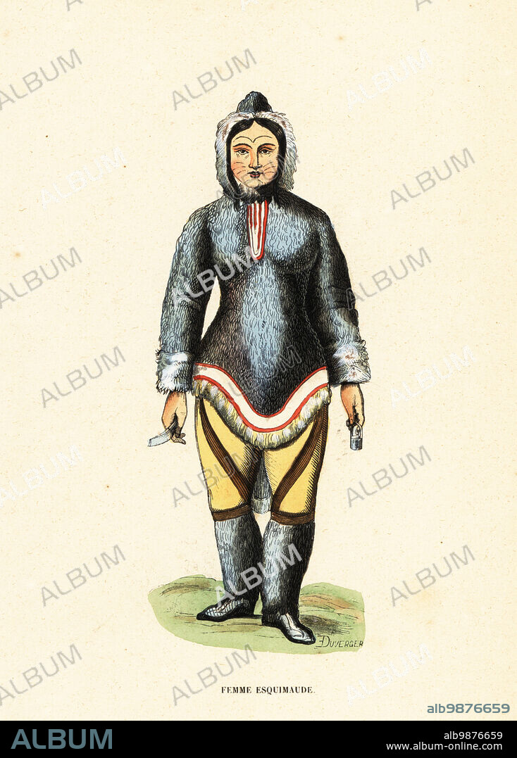 Inuit woman with facial tattoos, Mackenzie River, Yukon, Canada. She wears a parka or anorak made of seal skin, trousers and boots of animal skin. Femme Esquimaux. Handcoloured woodcut by Duverger from Auguste Wahlen's Moeurs, Usages et Costumes de tous les Peuples du Monde, (Manners, Customs and Costumes of all the People of the World) Librairie Historique-Artistique, Brussels, 1845. Wahlen was the pseudonym of Jean-Francois-Nicolas Loumyer (1801-1875), a writer and archivist with the Heraldic Department of Belgium.