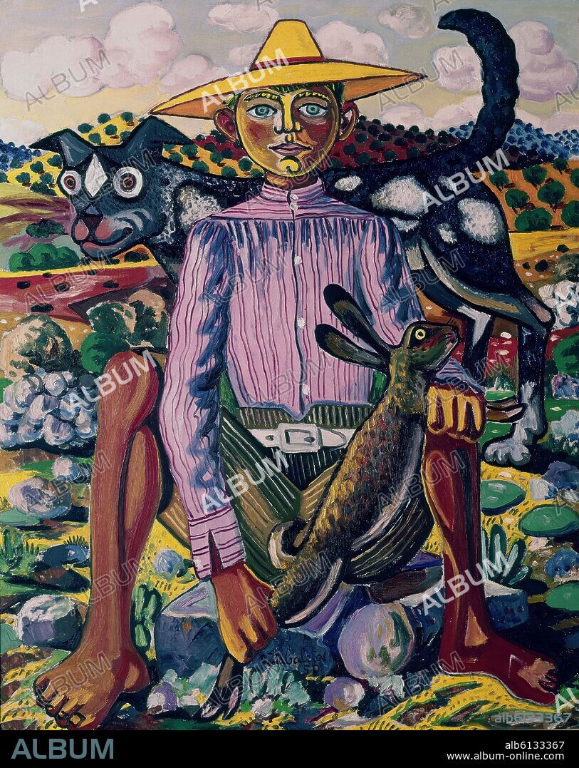 RAFAEL ZABALETA (1907-1960). NIÑO CON LIEBRE Y PERRO - PINTURA ESPAÑOLA - SIGLO XX - FAUVISMO IBERICO.