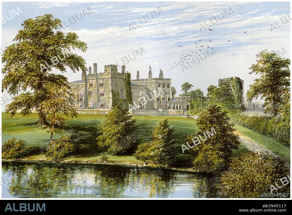 Ripley Castle, Yorkshire, home of Baronet Ingilby, c1880. The castle dates from the 15th century. A print from A Series of Picturesque Views of Seats of the Noblemen and Gentlemen of Great Britain and Ireland, edited by Reverend FO Morris, Volume I, William Mackenzie, London, c1880. Wood-engraved plates after paintings by Benjamin Fawcett and Alexander Francis Lydon.