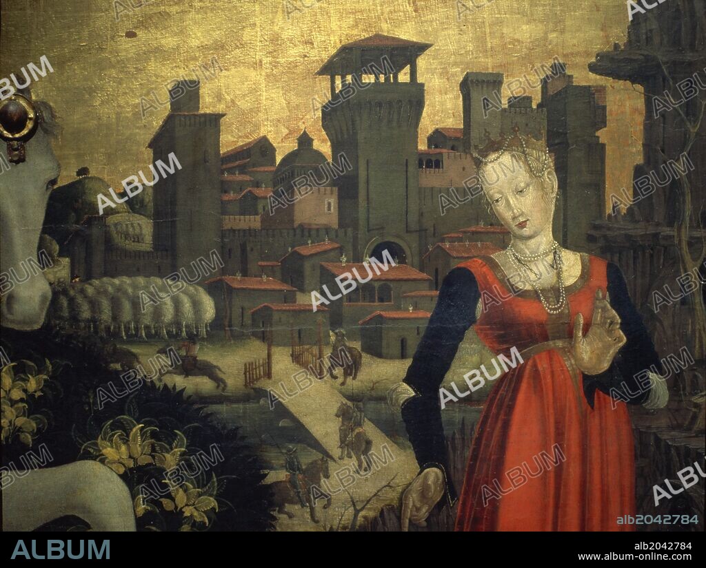 Saint George protecting princess from dragon, c.1470. Lombard school, Brescia,  Italy. Brescia, detail.