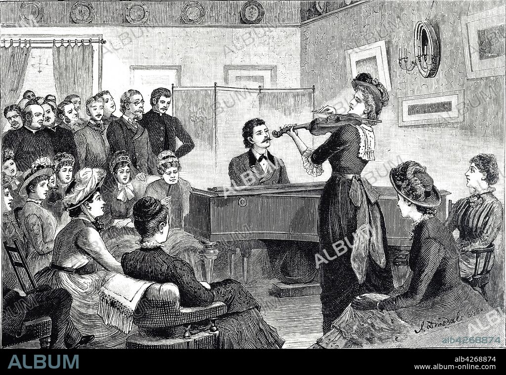 Engraving depicting a woman playing the violin to an gathering in her home. Dated 19th century.