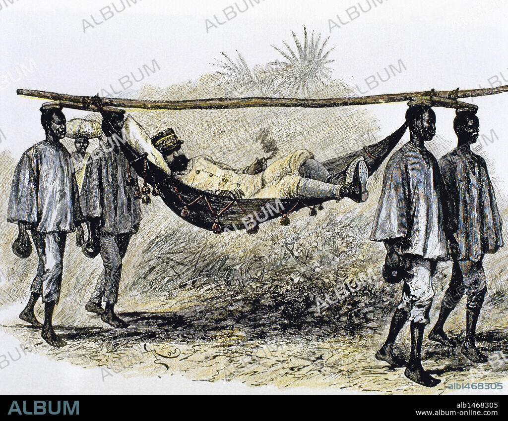History of Africa. Colonialism. 19th century. European colonizer carried in a hammock by four African porters. Colored engraving.