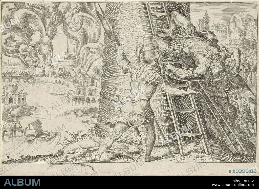 Storming of Rome, 1527, Dirck Volckertsz. Coornhert, after Maarten van Heemskerck, 1555 - 1556, The siege of Rome (1527). General Charles of Bourbon falls from a ladder after being mortally wounded by an arrow. In the background the Tiber and the Castle of the Angels. The print has a Latin, Spanish and French caption and is part of a twelve-part series on the victories of Charles V., print maker: Dirck Volckertsz. Coornhert, Maarten van Heemskerck, (mentioned on object), publisher: Hieronymus Cock, print maker: Haarlem, Haarlem, publisher: Antwerp, 1555 - 1556, paper, etching, engraving, letterpress printing, h 204 mm × w 226 mm.