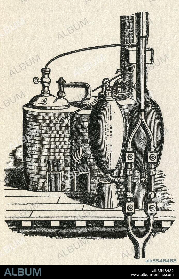 The 1698 steam engine invented by Thomas Savery. From The Romance of the Merchant Ship, published 1931.