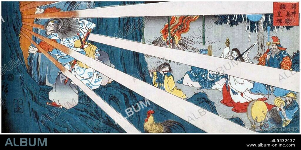 Amaterasu (??), Amaterasu-omikami (????/?????) or Ohirume-no-muchi-no-kami (?????) is a part of the Japanese myth cycle and also a major deity of the Shinto religion. She is the goddess of the sun, but also of the universe. The name Amaterasu derived from Amateru meaning 'shining in heaven'. The meaning of her whole name, Amaterasu-omikami, is 'the great august kami (God) who shines in the heaven'. The Emperor of Japan is said to be a direct descendant of Amaterasu. Ama-no-Iwato (???) literally means 'The cave of the sun goddess' or 'heavenly rock cave'. In Japanese mythology, Susanoo, the Japanese god of the seas, was the one who drove Amaterasu into Ame-no-Iwato. This caused the sun to hide for a long period of time. In order to get Amaterasu out of the cave the other gods threw a party outside. When she heard the noise she got curious and peeked but got blinded by the mirror Yata no Kagami and so she thought they were celebrating the arrival of an even greater and brighter goddess than herself, though in reality it was her own mirror image. Then Ame-no-tajikarao forced the cave to open up the rest and the world was bathed in light once again. As Amaterasu stepped out of the cave a holy seal was applied to it so that she couldn't go back into hiding.