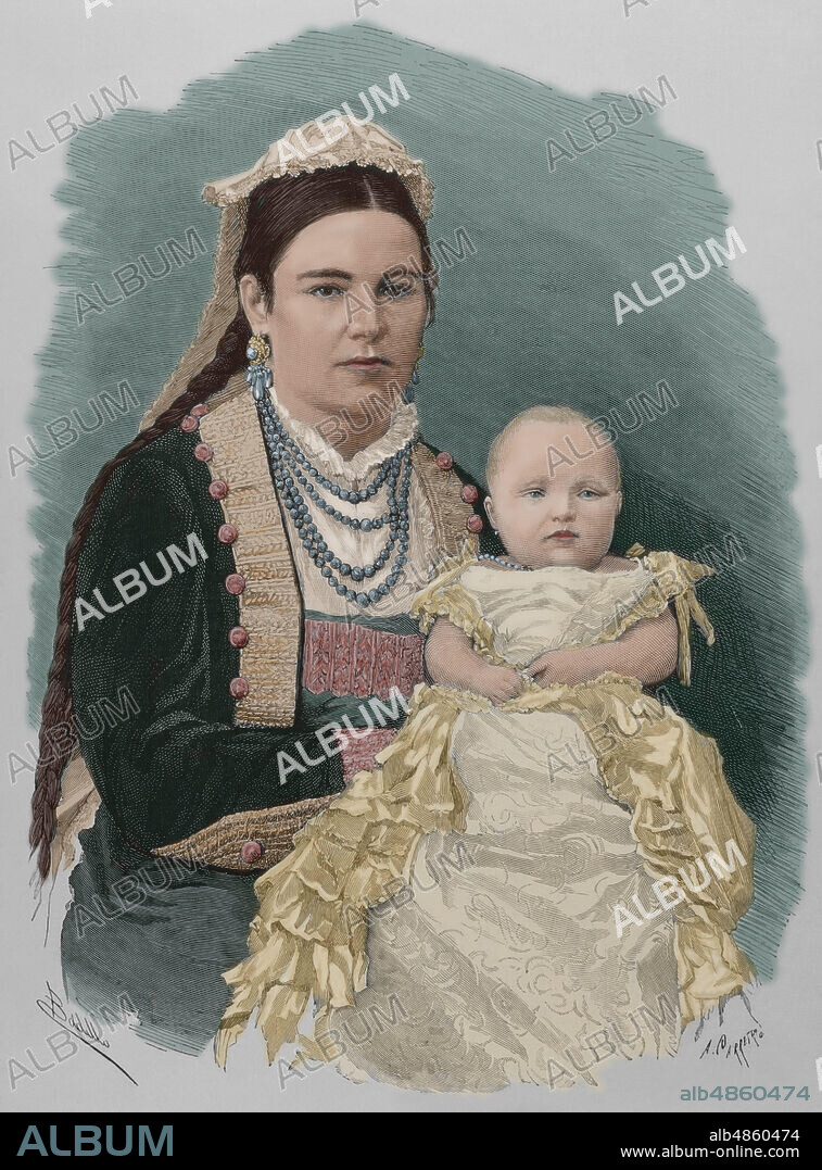 Maria de las Mercedes de Borbon y Habsburgo-Lorena (1880-1904). Infanta of Spain and Princess of Asturias. The Infanta Maria de las Mercedes in the arms of a wet nurse. Illustration by Badillo. Engraving by Carretero. La Ilustracion Espa–ola y Americana, 1881. Later colouration.