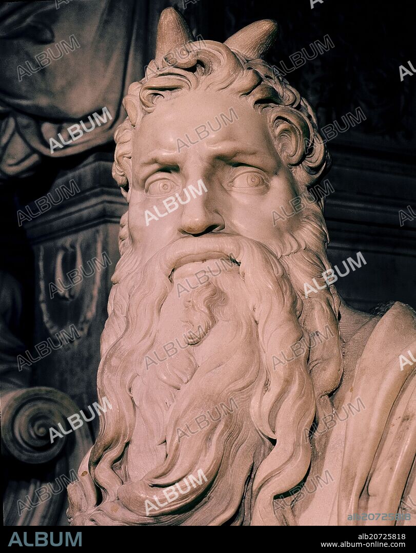 MICHELANGELO. MOISES - DETALLE DE LA CABEZA - 1513-1515 - ESCULTURA CENTRAL DE LA TUMBA DE JULIO II - RENACIMIENTO ITALIANO.