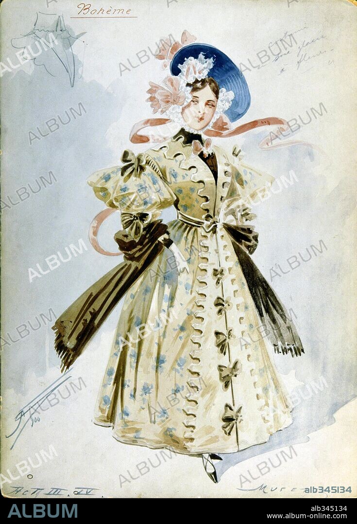 Costume of Musette in "La Boheme" by Puccini. Watercolour by Comelli.