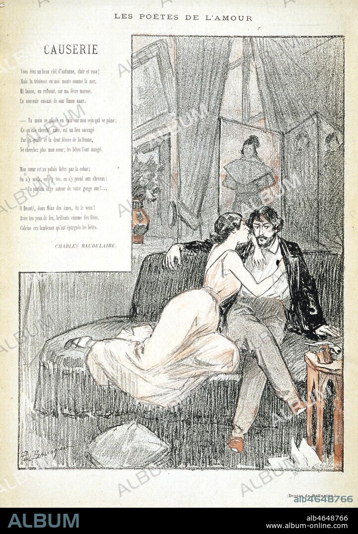 ' Les poetes de l'amour: CAUSERIE de Charles BAUDELAIRE (IN FLEURS DU MAL) .' Illustration par Paul BALLURIAU (1860-1917) du poeme de BAUDELAIRE (1821-1867) ' Causerie', tire de Gil Blas du 5/11/1893. Un couple en lace sur un divan. Credit : Collection KHARBINE-TAPABOR.