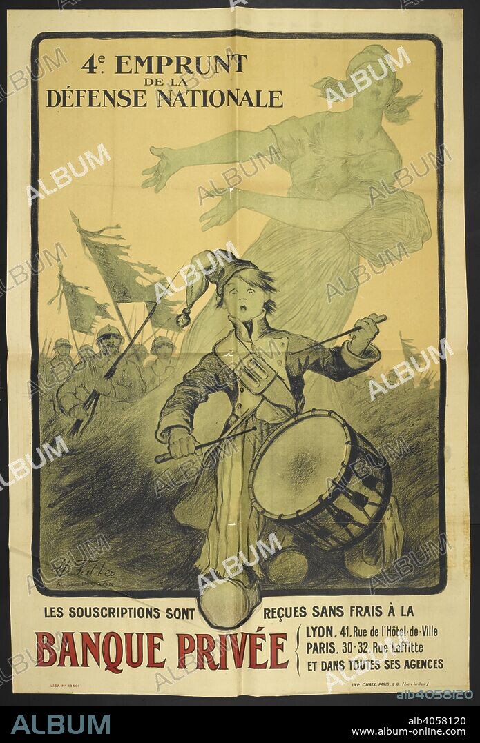 A French propaganda poster depicting a drummer boy leading soldiers into battle. [A collection of English and French War (World War I) Posters.]. 1914-1919. Source: Tab.11748.a. poster 281.