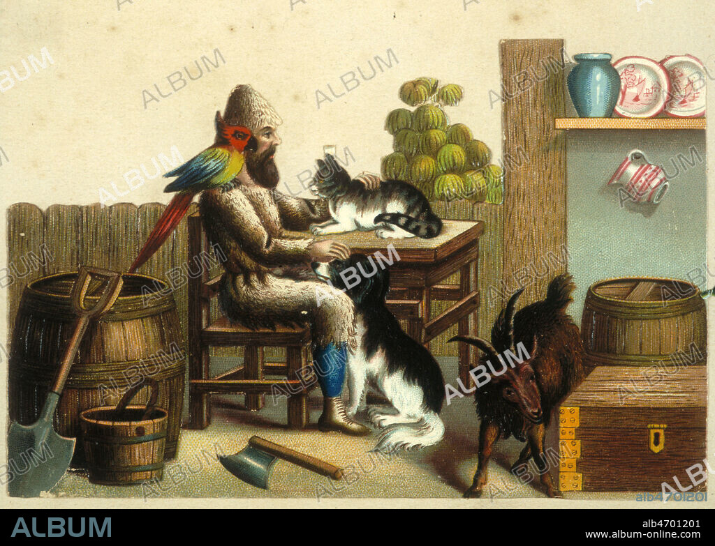 Robinson dans sa cabane avec ses animaux d'apres ' Les aventures de Robinson Crusoe' de Daniel DEFOE (1660-1731) chromo decoupe vers 1890. Credit: Collection Kharbine-Tapabor.