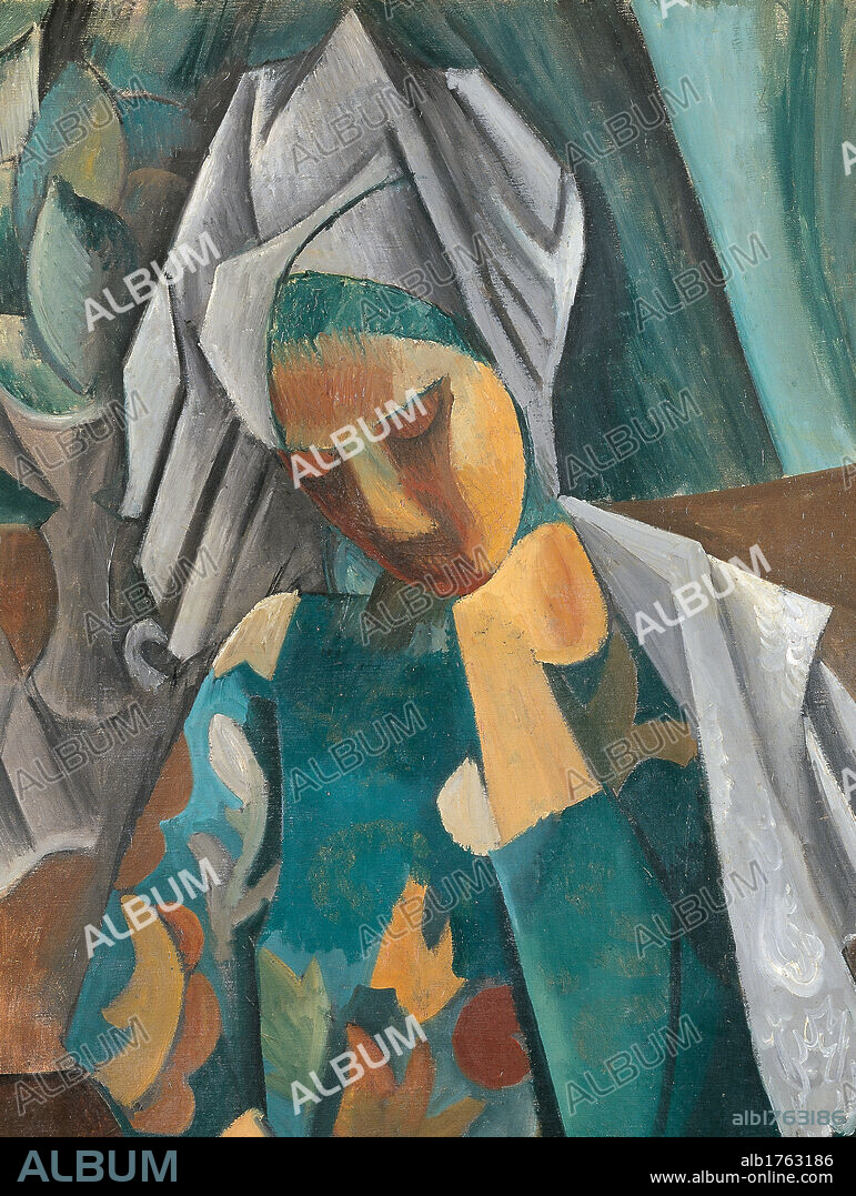 Queen Isabeau, by Pablo Picasso, 1909, 20th Century, oil on canvas, cm 92 x 73. Russia, Moscow, Pushkin Museum. Detail. Woman head gear headdress face.  Please remember that author's rights have to be cleared for modern and contemporary works of arts.