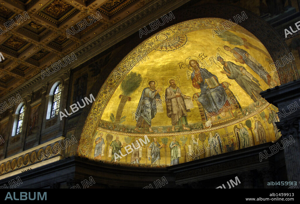 Italy. Rome. Basilica of Saint Paul Outside the Walls. Apse mosaic (1200) by Venetian artists. Christ in flanked by the Apostles Peter, Paul, Andrew and Luke.