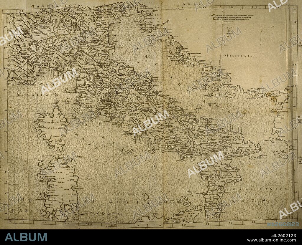Map of Italian Peninsula, Islands of Corsica and Sardinia and Adriatic coast. Engraving. 16th century.