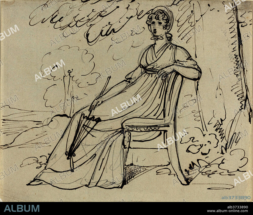 SAMUEL WOODFORDE. A Lady Seated with a Parasol. Dated: on or after 1794. Dimensions: overall: 19.5 x 24.3 cm (7 11/16 x 9 9/16 in.). Medium: pen and brown ink over graphite on laid paper.