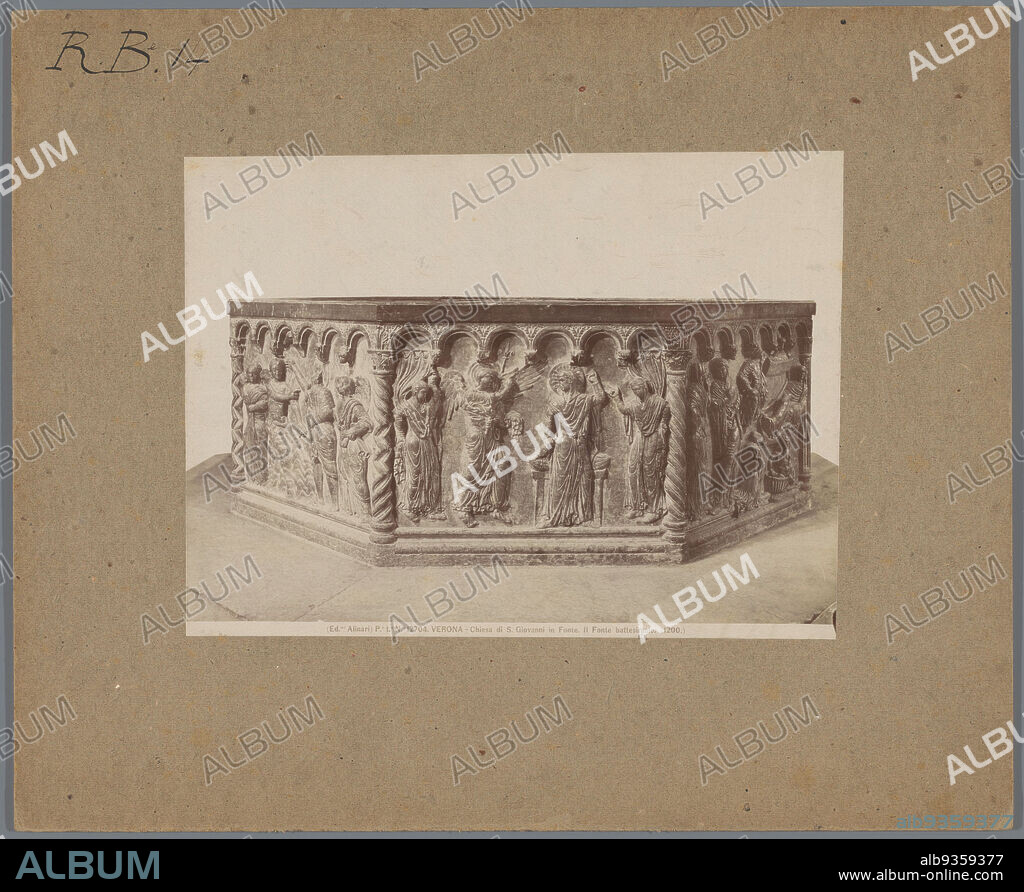 Detail of the pulpit of the Church of Saint Andrew at Pistoia by Giovanni Pisano, depicting the crucifixion of Christ, PISTOIA - Chiesa di S. Andrea. Dettaglio del pulpito, la Crocifissione. (Giovanni Pisano.) (title on object), Alinari (mentioned on object), Sint-Andreaskerk, 1875 - 1900, cardboard, albumen print, height 190 mm × width 244 mm.