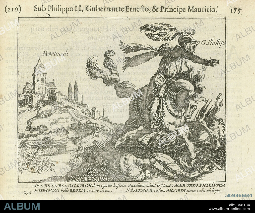 Louis Gunther, Prince of Nassau-Siegen and Philip, Count of Nassau fighting together with the French King Henry IV at Montmédy, 1595, Louis Gunther, Prince of Nassau-Siegen and Philip, Count of Nassau fighting together with the French King Henry IV at Montmédy, 1595. In the foreground Count Philip of Nassau on horseback. With caption of 4 lines in Latin. Numbered 219. Printed on reverse with text in Latin., print maker: Simon Frisius, publisher: Michiel Colijn, print maker: Northern Netherlands, publisher: Amsterdam, 1613 - 1615 and/or 1621 - 1622, paper, etching, height 135 mm × width 160 mm.