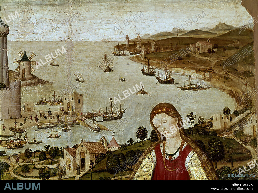 PEDRO NISART (SIGLO XV) PERE NISART. RETABLO DE SAN JORGE SIGLO XV - DETALLE DEL PUERTO DE MALLORCA.