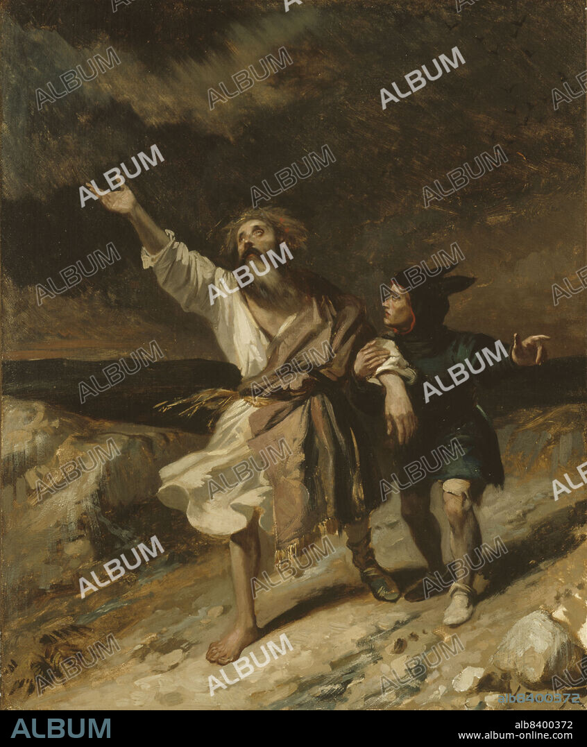 LOUIS CANDIDE BOULANGER. Le roi Lear et son fou pendant la tempête, 1836. King Lear and his fool during the storm. King Lear, scene 2 of act III, the king sinks into madness. The rocky landscape echoes his torment.