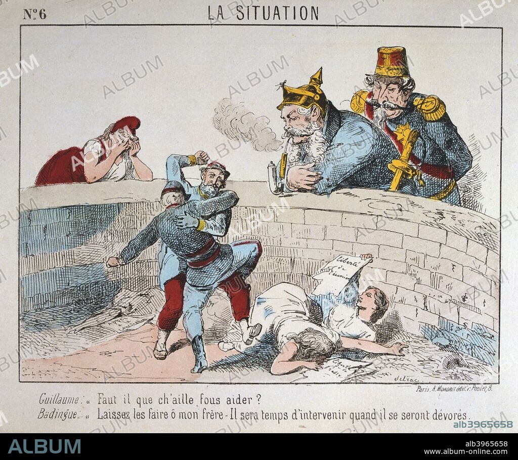 Cartoon, Paris Commune, 1871. Wilhelm I and the exiled Napoleon III watch the fighting during the suppression of the Paris Commune and decide not to intervene. A distraught Marianne cannot bear to look. From a private collection.